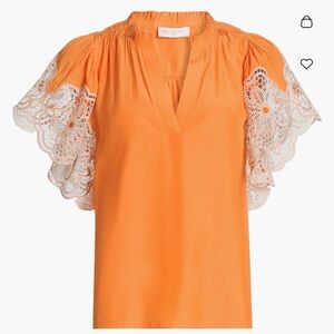 RAMY BROOK Esti Lace Trim Split Neck Flutter-Sleeve Top Orange Size XL